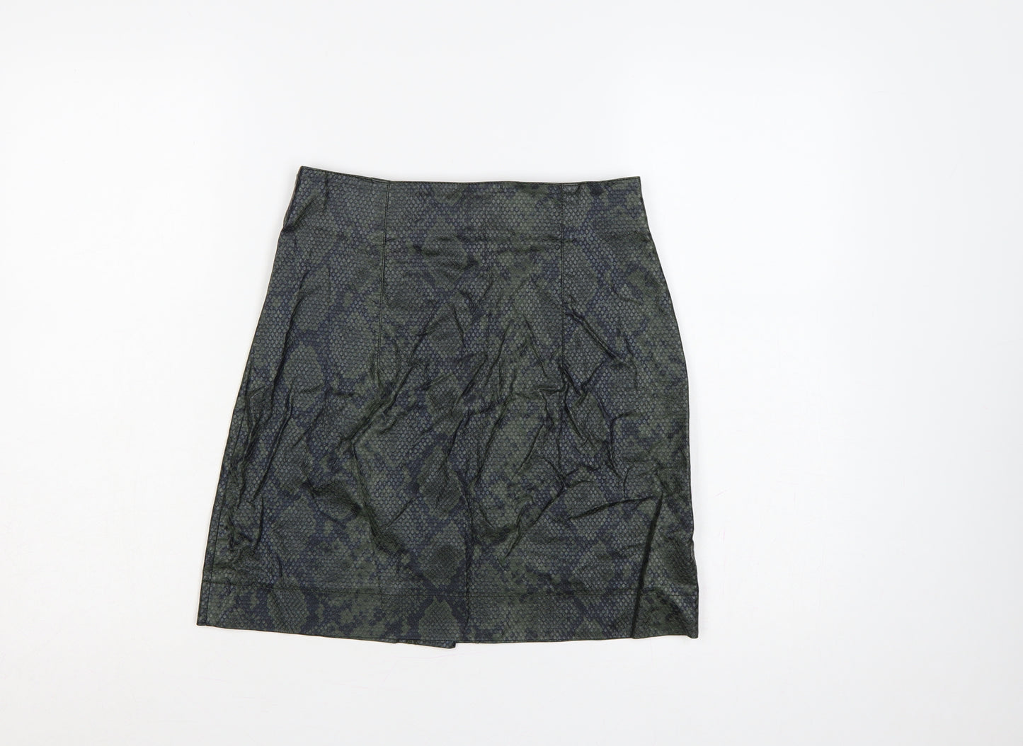 Topshop Women Green Snake Print Faux Leather Mini Pencil Skirt UK 6