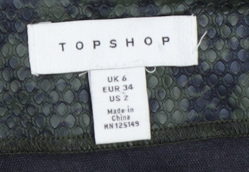 Topshop Women Green Snake Print Faux Leather Mini Pencil Skirt UK 6