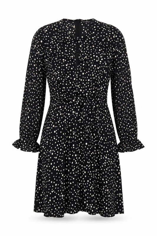 Front view of Topshop Women Black Polka Dot UK 10 Petite Fit & Flare Dress