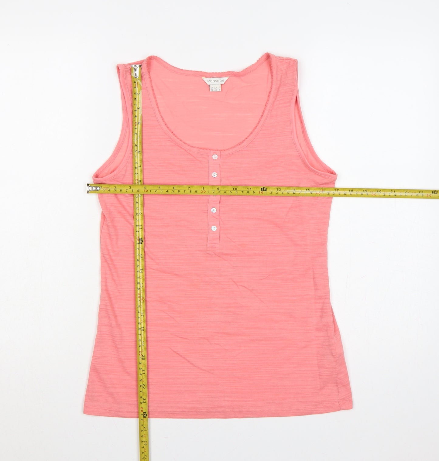 Monsoon Women Pink UK 12 Basic Jersey Scoop Neck Button Tank Top