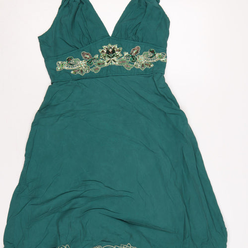 Karen Millen Women Green UK 12 Halter A-Line Silk Beaded Dress