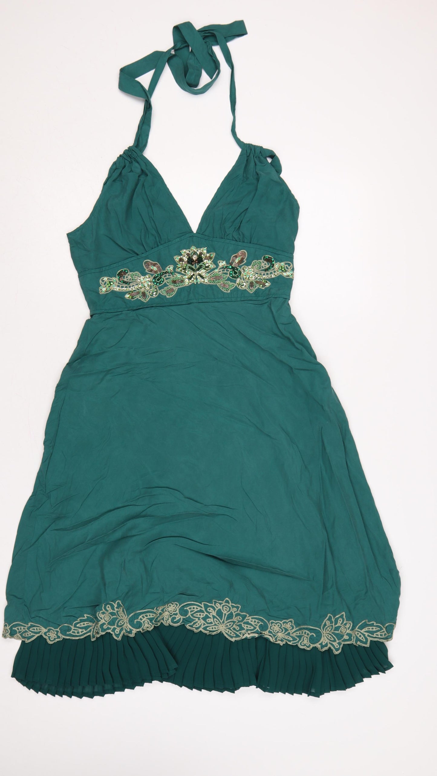 Karen Millen Women Green UK 12 Halter A-Line Silk Beaded Dress