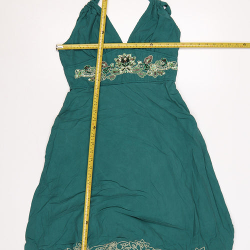 Karen Millen Women Green UK 12 Halter A-Line Silk Beaded Dress