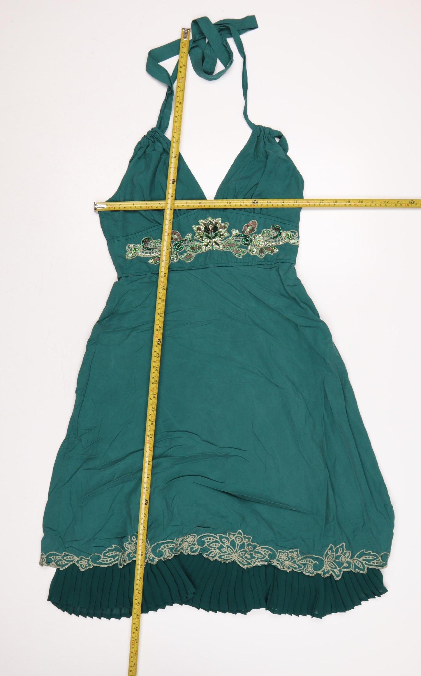 Karen Millen Women Green UK 12 Halter A-Line Silk Beaded Dress