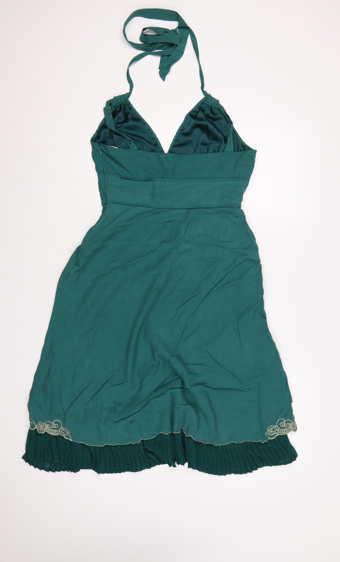 Karen Millen Women Green UK 12 Halter A-Line Silk Beaded Dress