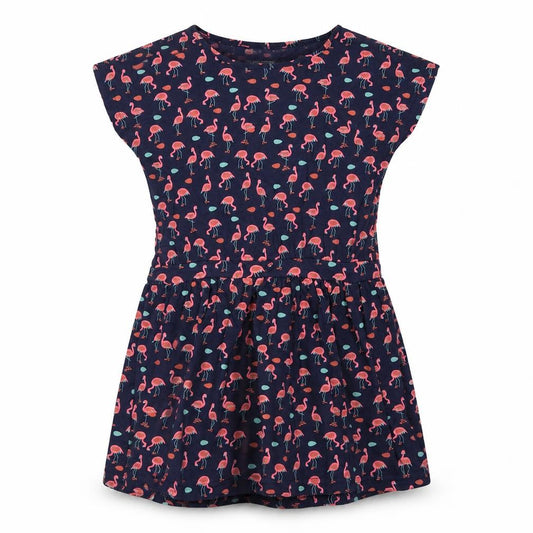 Front view of Mountain Warehouse girls’ blue pink flamingo skater dress age 13