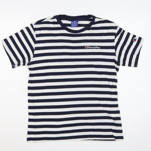 Champion Men's Navy White Striped Small Crew Neck Logo T-Shirt
