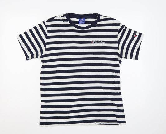 Champion Men's Navy White Striped Small Crew Neck Logo T-Shirt