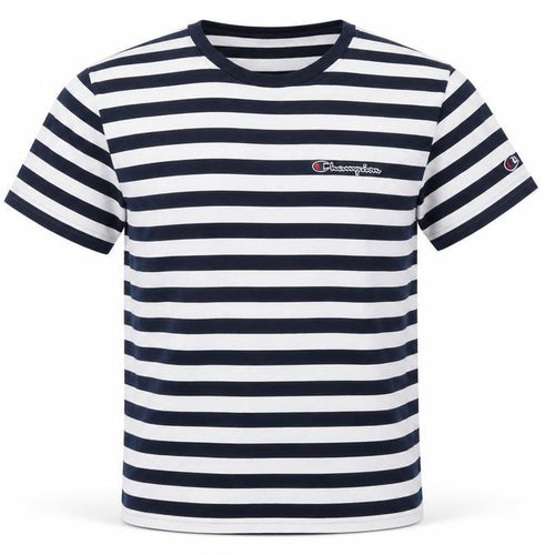 Champion Men's Navy White Striped Small Crew Neck Logo T-Shirt