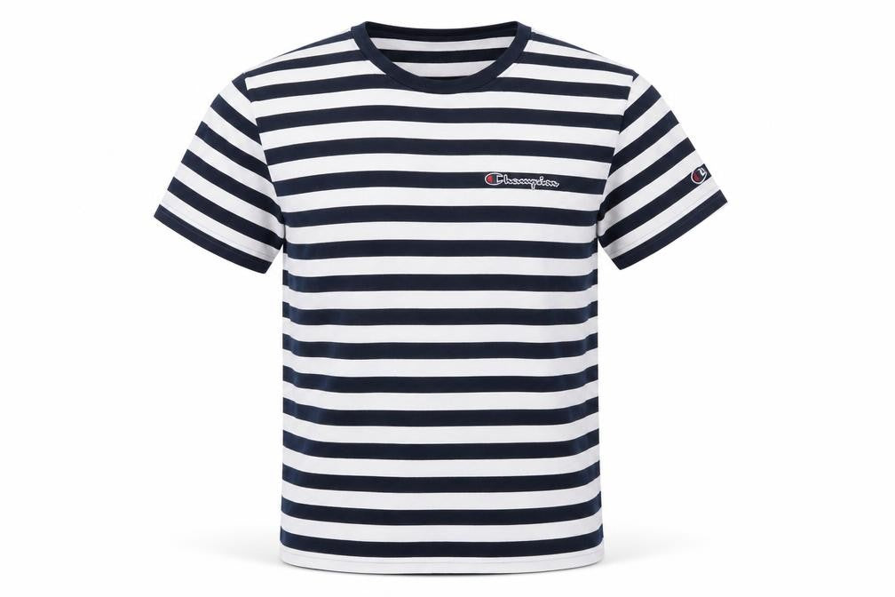 Champion Men's Navy White Striped Small Crew Neck Logo T-Shirt