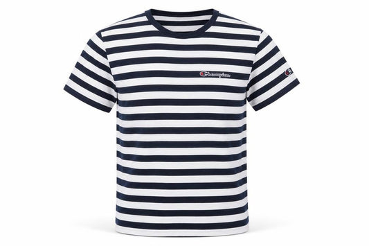 Champion Men's Navy White Striped Small Crew Neck Logo T-Shirt