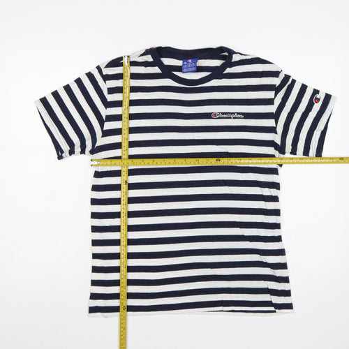 Champion Men's Navy White Striped Small Crew Neck Logo T-Shirt