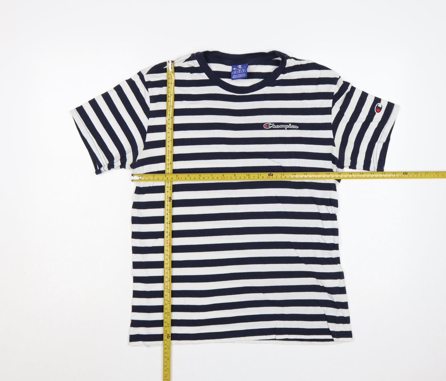 Champion Men's Navy White Striped Small Crew Neck Logo T-Shirt
