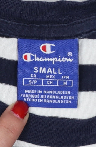 Champion Men's Navy White Striped Small Crew Neck Logo T-Shirt