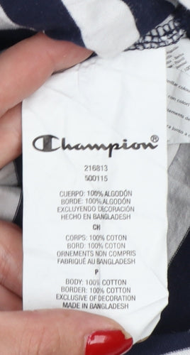 Champion Men's Navy White Striped Small Crew Neck Logo T-Shirt