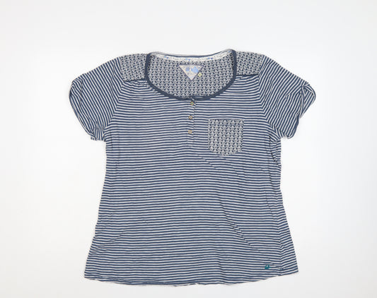 Mantaray Womens Blue Striped Floral Henley Jersey T-Shirt Size 18