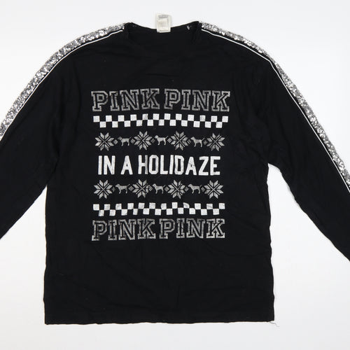 Victoria's Secret PINK Women Black M Christmas Sequin Long Sleeve T-Shirt