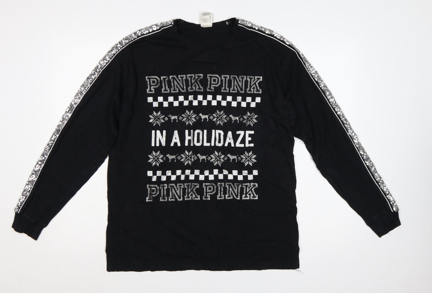 Victoria's Secret PINK Women Black M Christmas Sequin Long Sleeve T-Shirt