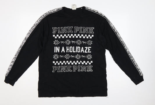 Victoria's Secret PINK Women Black M Christmas Sequin Long Sleeve T-Shirt