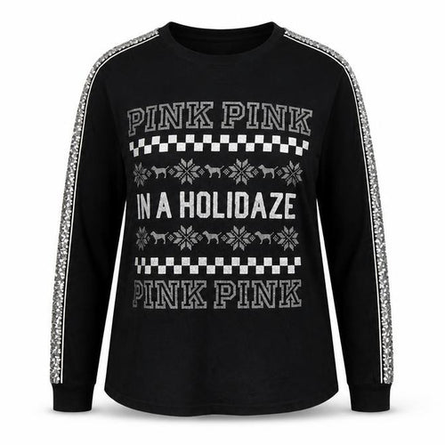 Victoria's Secret PINK Women Black M Christmas Sequin Long Sleeve T-Shirt