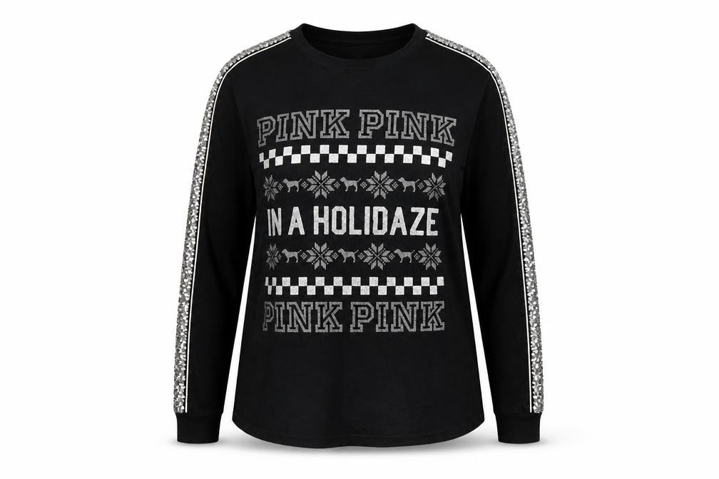 Victoria's Secret PINK Women Black M Christmas Sequin Long Sleeve T-Shirt