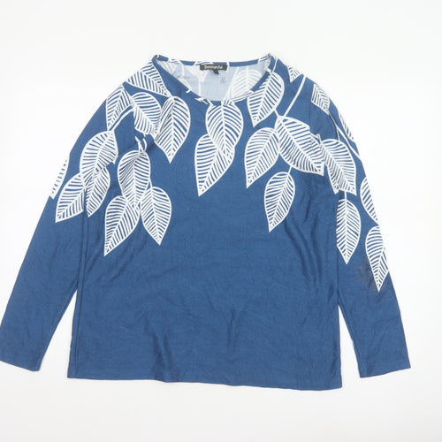Bonmarché Women Blue Leaf Print Long Sleeve Jersey Blouse UK 14