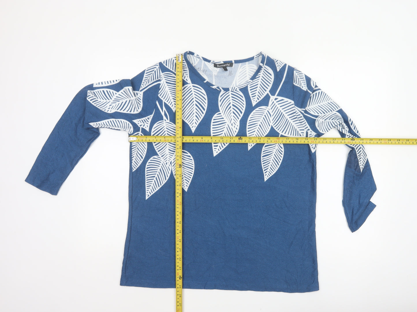 Bonmarché Women Blue Leaf Print Long Sleeve Jersey Blouse UK 14