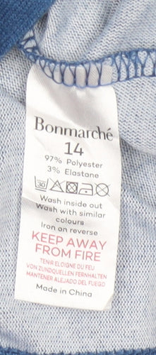 Bonmarché Women Blue Leaf Print Long Sleeve Jersey Blouse UK 14