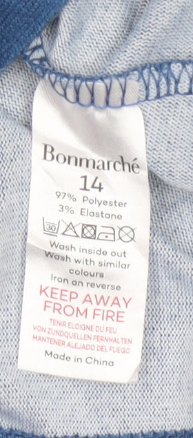 Bonmarché Women Blue Leaf Print Long Sleeve Jersey Blouse UK 14