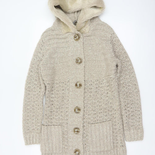 TU Women’s Beige Size 12 Hooded Fur Trim Longline Knit Cardigan