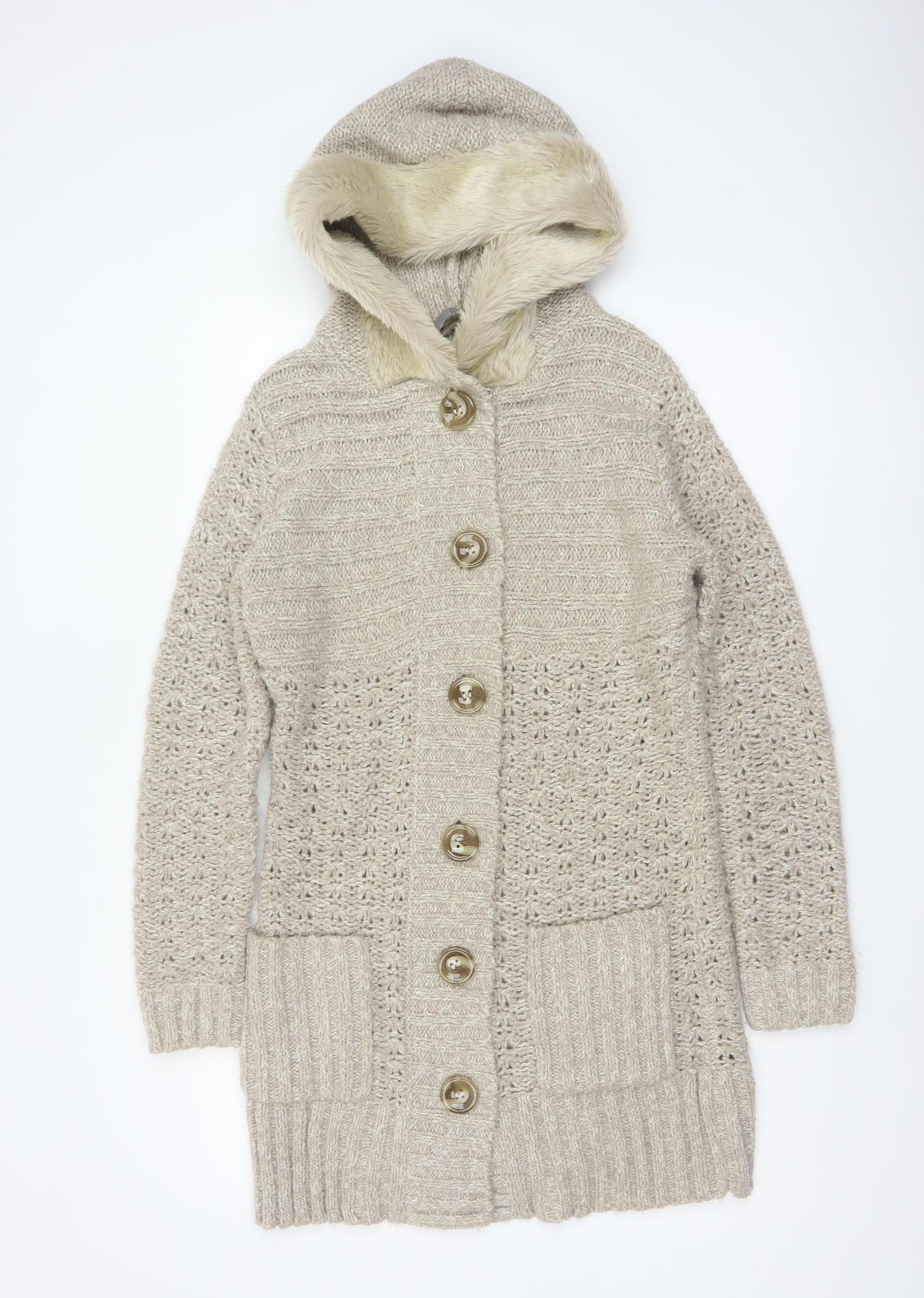 TU Women’s Beige Size 12 Hooded Fur Trim Longline Knit Cardigan