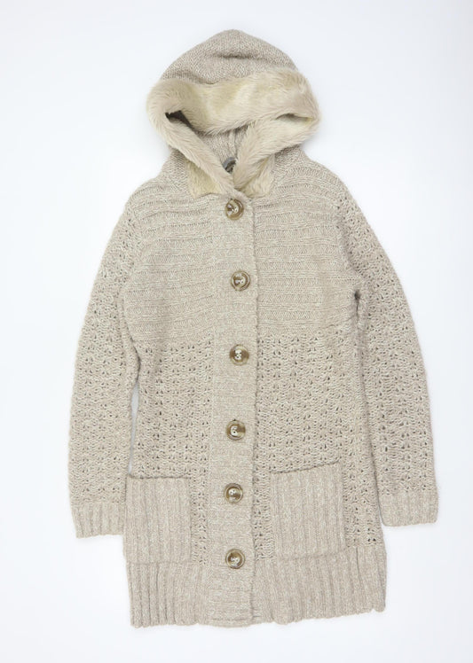 TU Women’s Beige Size 12 Hooded Fur Trim Longline Knit Cardigan