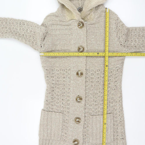 TU Women’s Beige Size 12 Hooded Fur Trim Longline Knit Cardigan