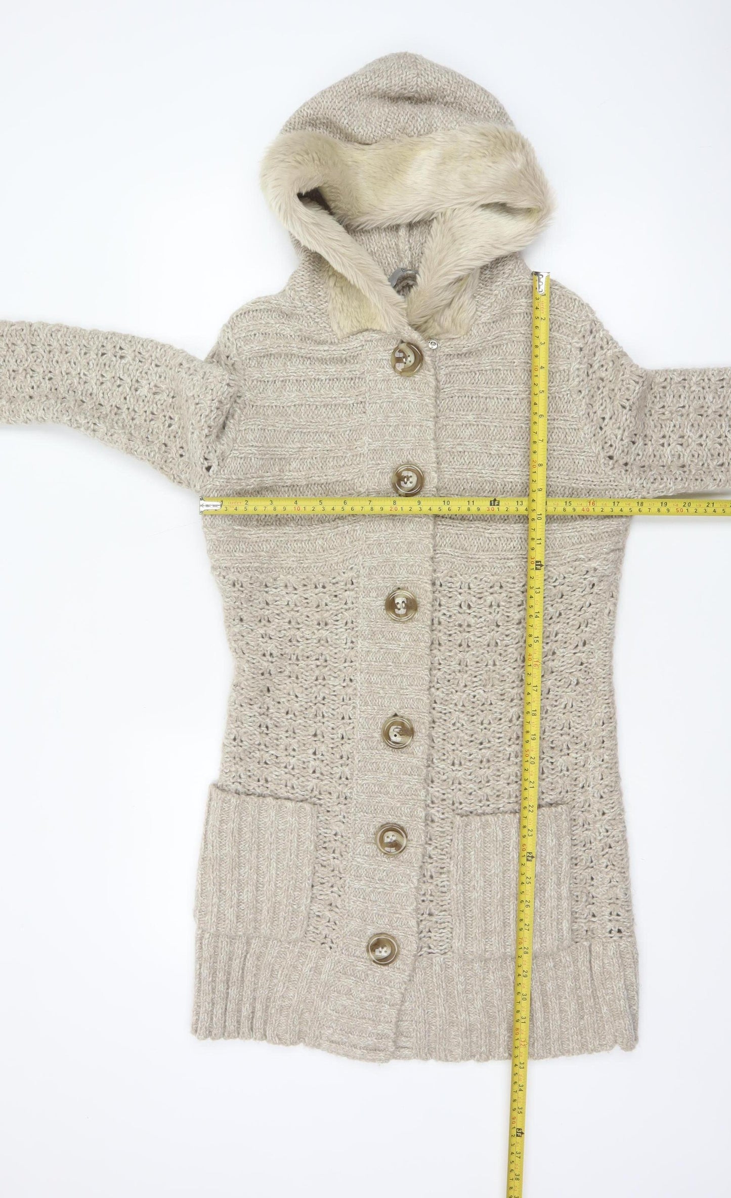 TU Women’s Beige Size 12 Hooded Fur Trim Longline Knit Cardigan