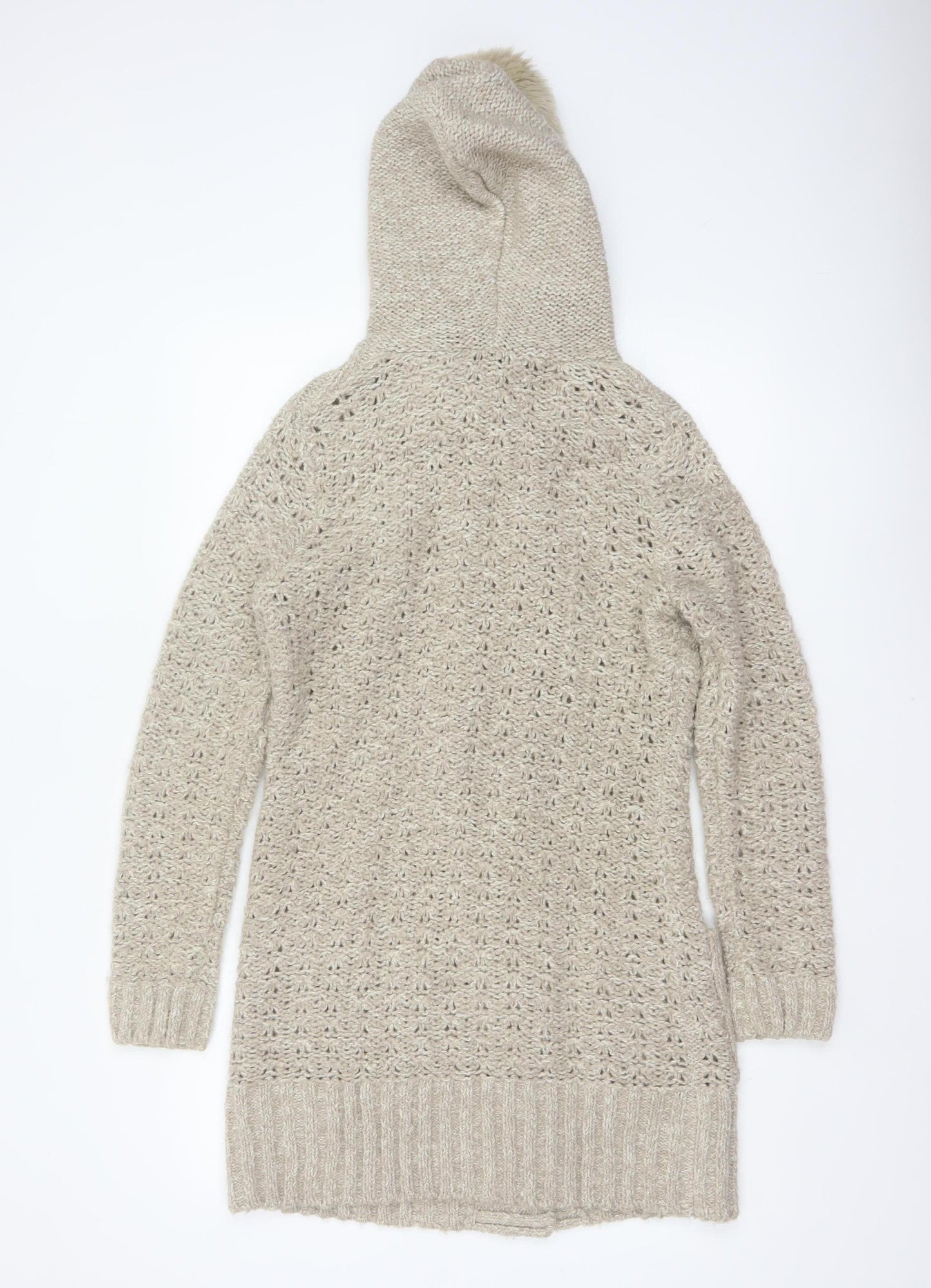 TU Women’s Beige Size 12 Hooded Fur Trim Longline Knit Cardigan