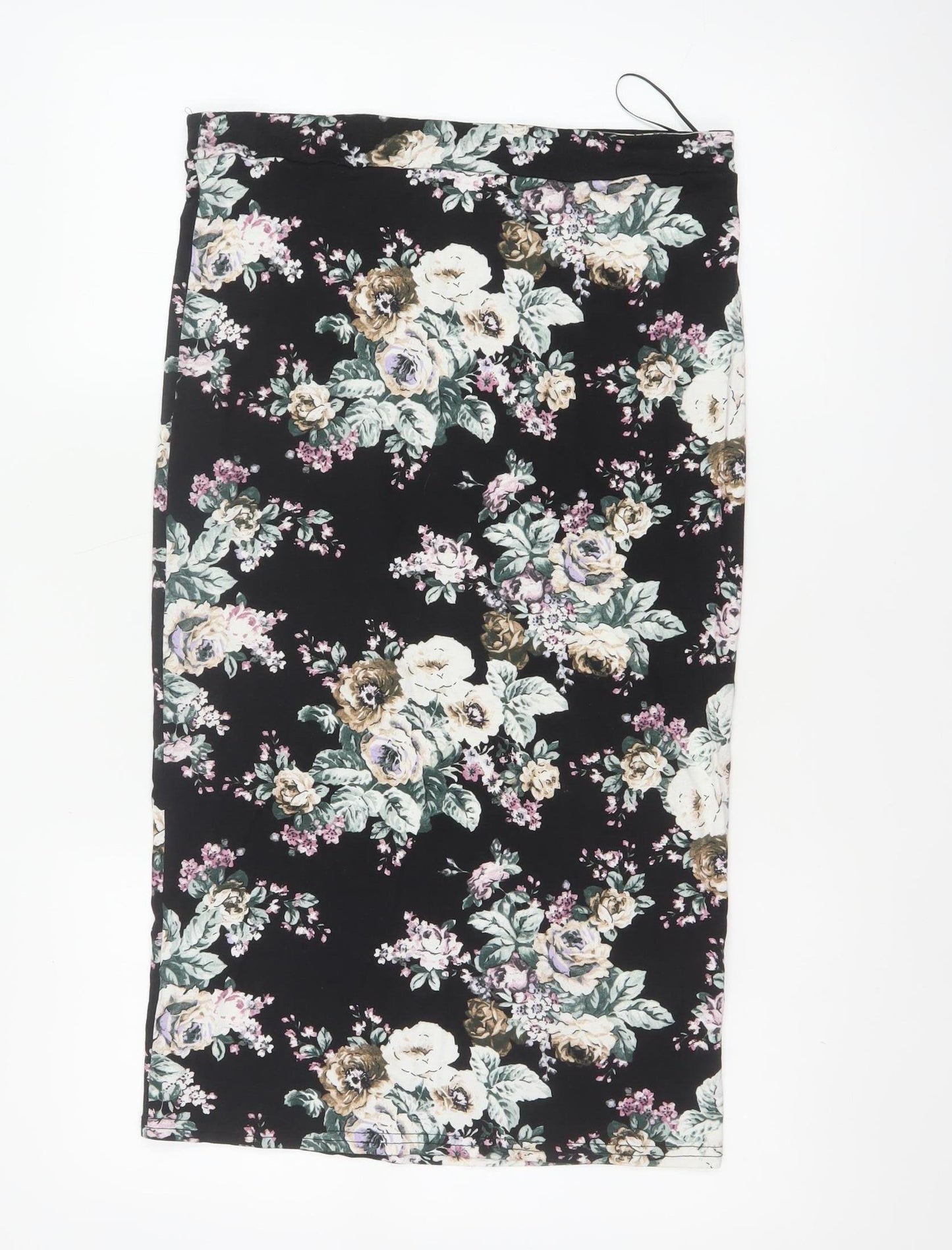 New Look Women Black Floral UK 12 Midi Pencil Stretch Skirt