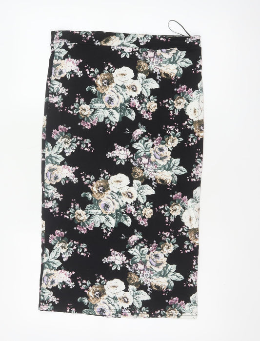 New Look Women Black Floral UK 12 Midi Pencil Stretch Skirt