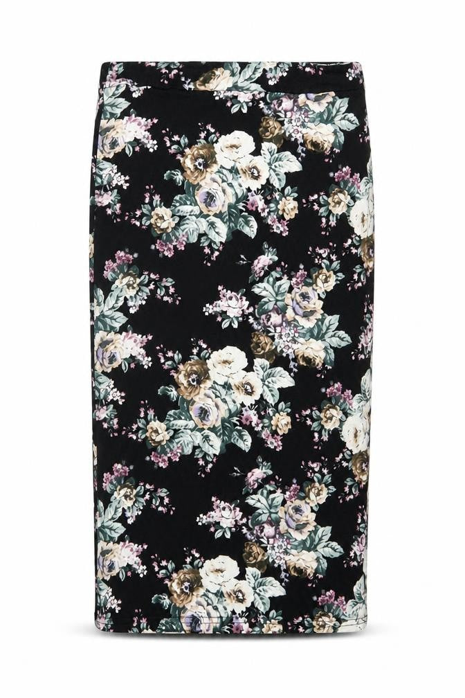 New Look Women Black Floral UK 12 Midi Pencil Stretch Skirt