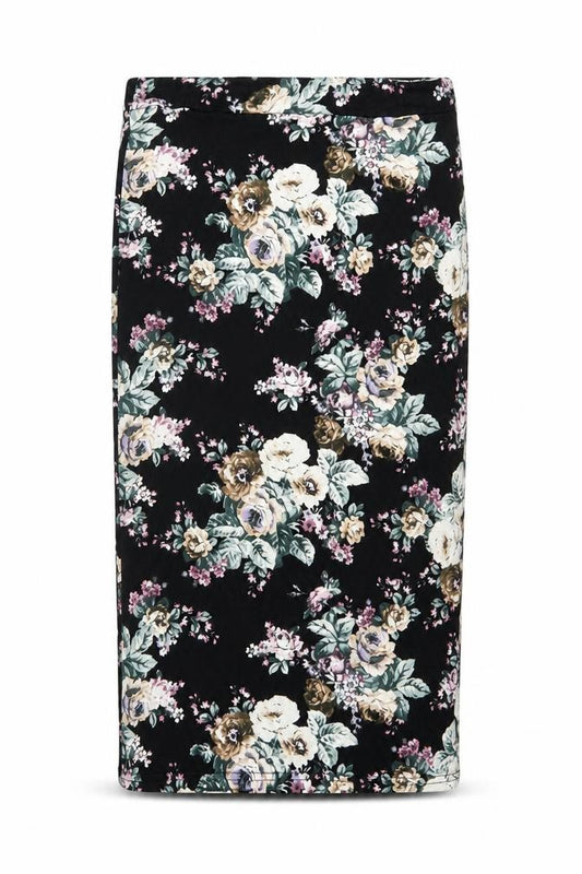 New Look Women Black Floral UK 12 Midi Pencil Stretch Skirt