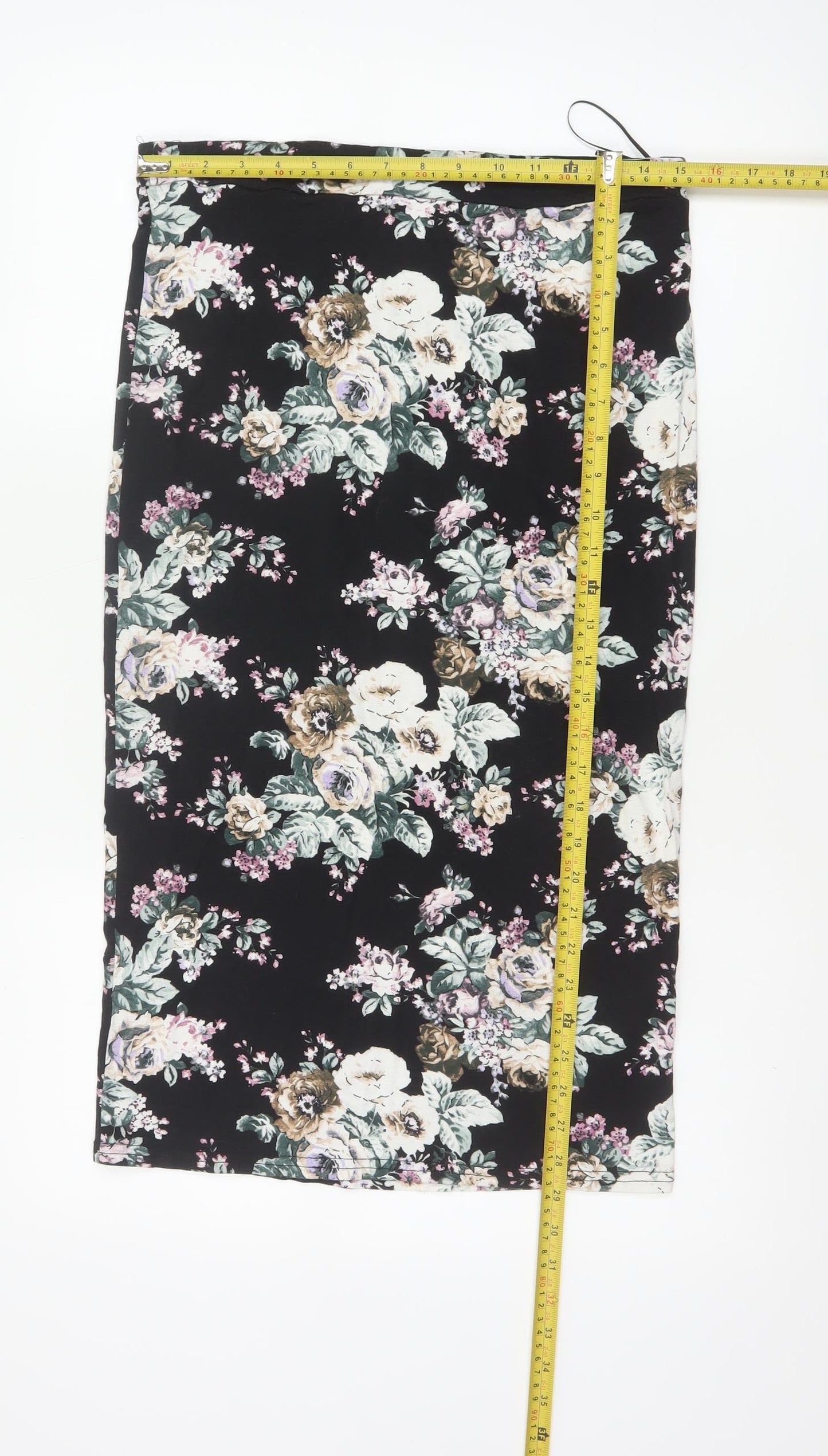 New Look Women Black Floral UK 12 Midi Pencil Stretch Skirt