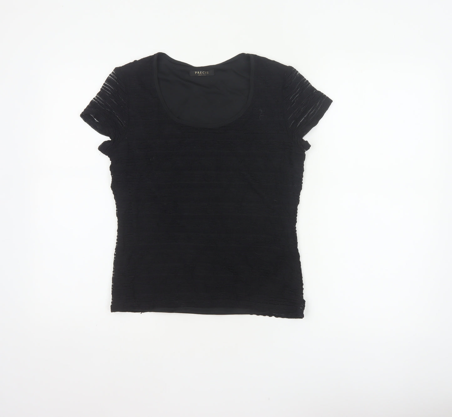 Precis Petite Women Black S Fitted Sheer Knit Scoop Neck Top