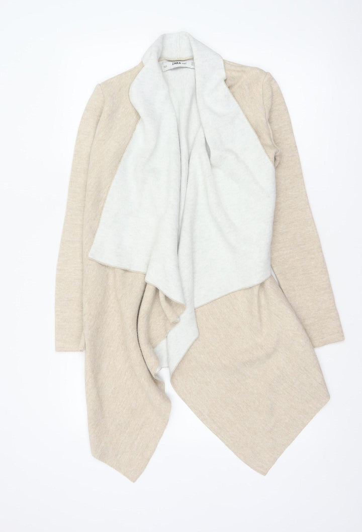 Zara Women Beige S Open Front Waterfall Knit Cardigan Long Sleeve