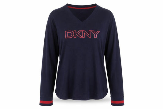 DKNY Women’s Blue Logo Pyjama Top Size L Long Sleeve V-Neck