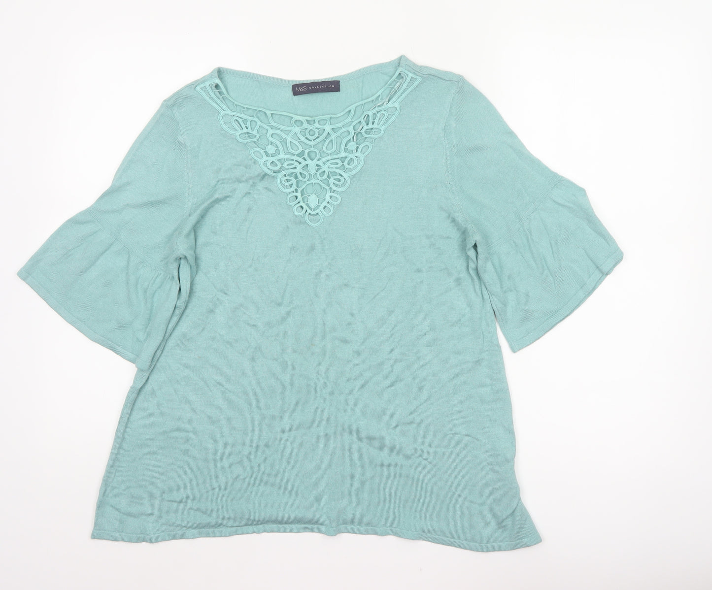 Marks & Spencer Women Green UK 14 Knit Bell Sleeve Crochet Blouse
