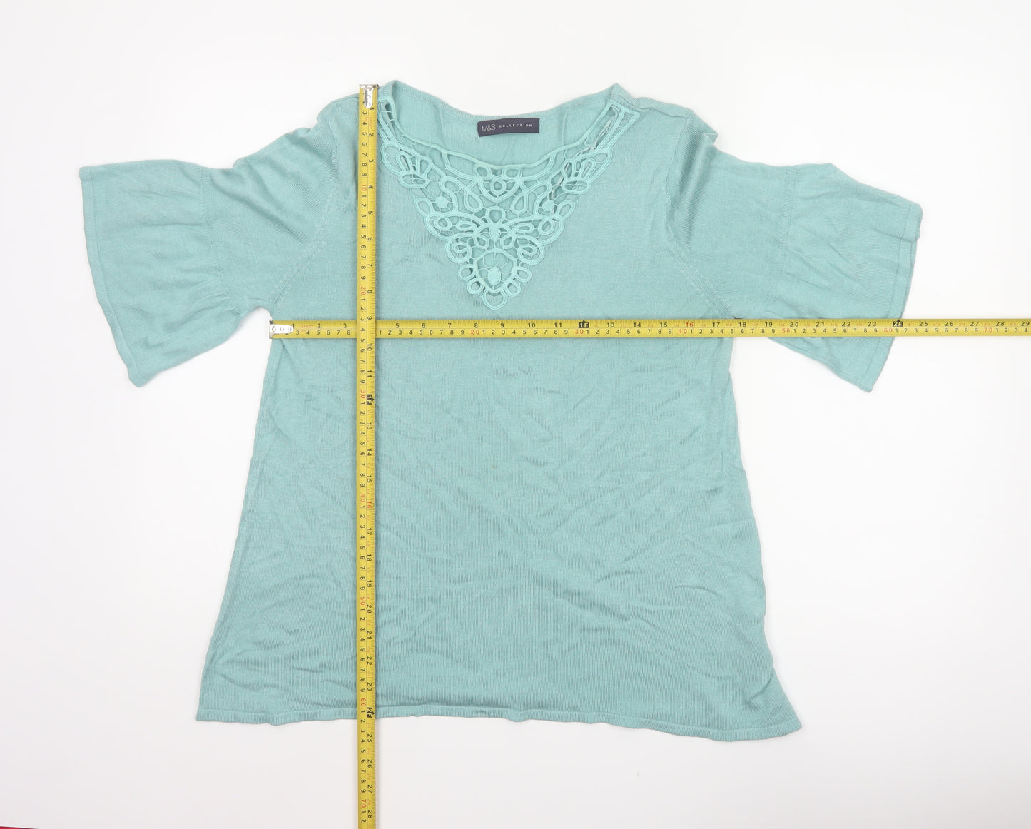 Marks & Spencer Women Green UK 14 Knit Bell Sleeve Crochet Blouse