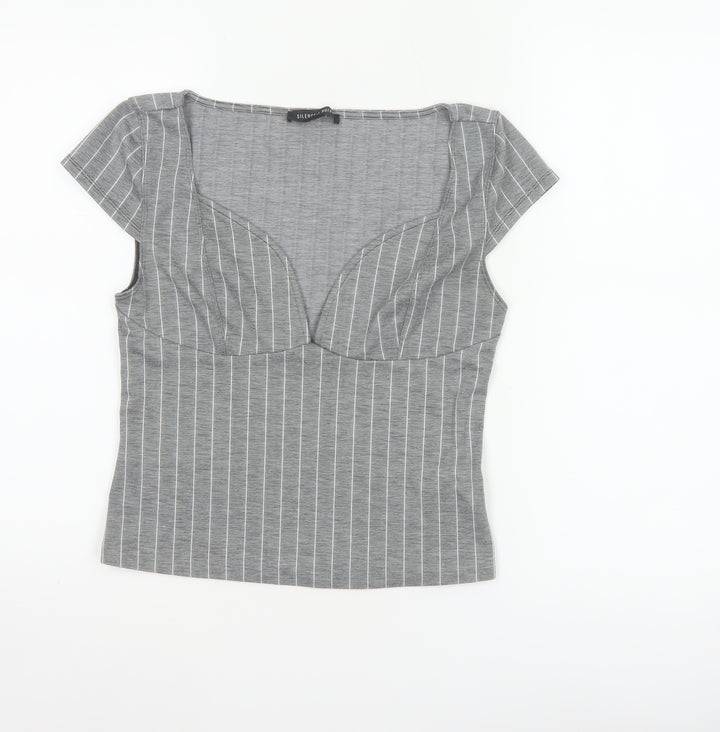 Silence + Noise Women Grey Striped Wrap Jersey Blouse Size S