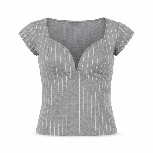 Front view of Silence + Noise Women Grey Striped Wrap Jersey Blouse, size S
