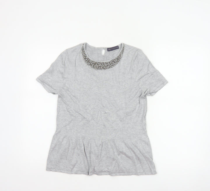 Marks and Spencer Women Grey UK 14 Beaded Knit Short Sleeve Peplum Top