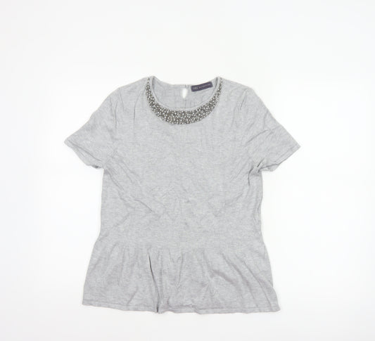 Marks and Spencer Women Grey UK 14 Beaded Knit Short Sleeve Peplum Top