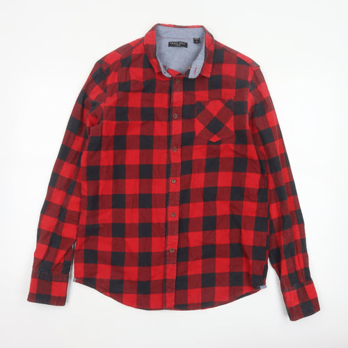 Brave Soul Men’s Red Black Check Cotton Button-Up Shirt Size M